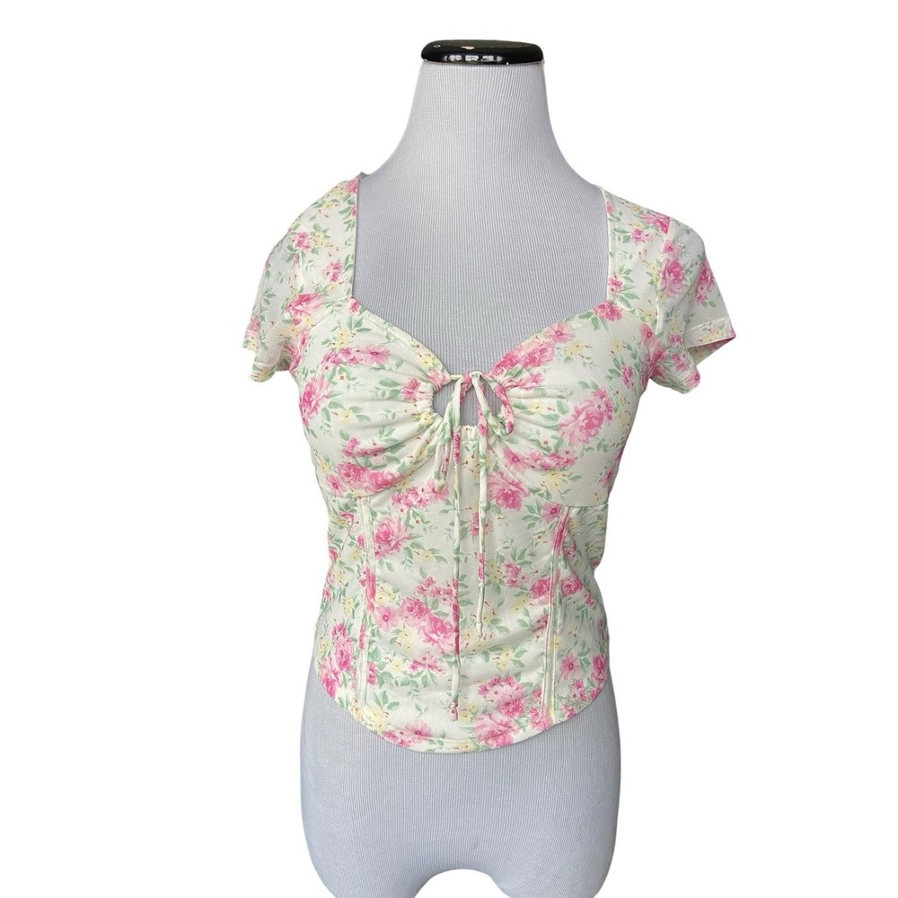 Y2K Mesh Coquette Corset Top Size M Pastel Floral Romantic Cottagecore Milkmaid